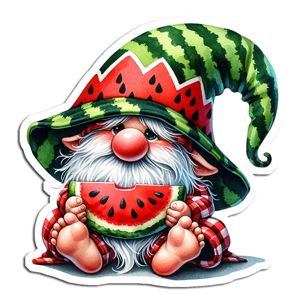 Cartoon gnome with watermelon hat and watermelon slice in hand on a white background