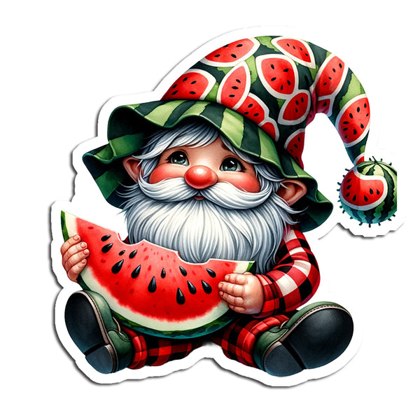 Cartoon gnome with watermelon-themed hat and holding a watermelon slice on a white background