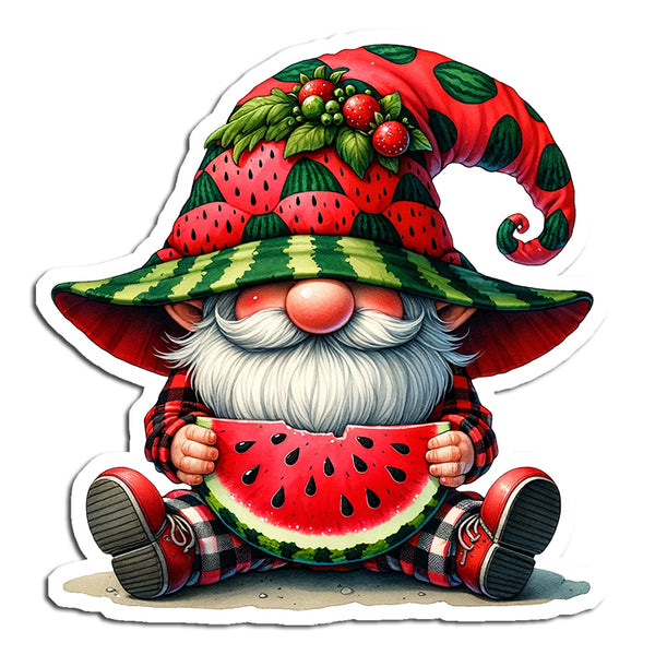 Gnome with a watermelon-themed hat and holding a watermelon slice on a white background