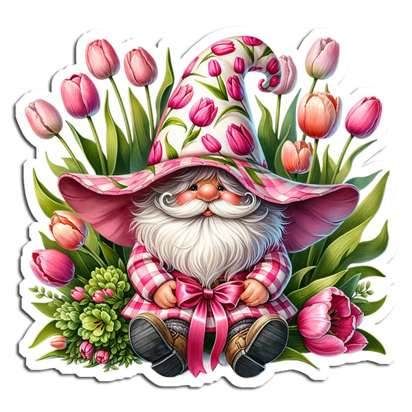 Gnome with a pink hat and plaid outfit surrounded by pink tulips on a white background