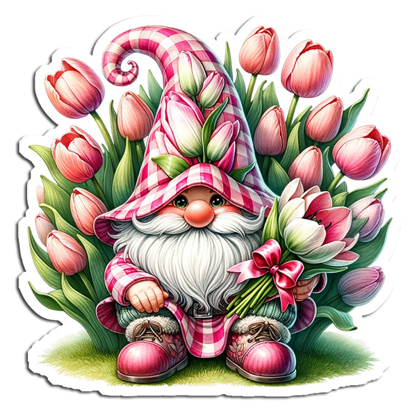 Gnome with a striped hat and pink shoes surrounded by pink tulips on a white background