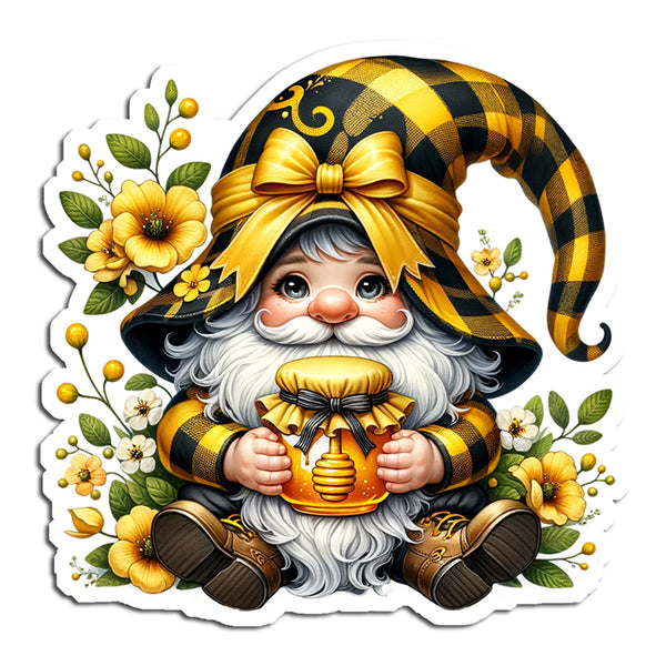 Gnome character with a checkered hat and yellow bow, holding a honey pot, surrounded by flowers on a white background.