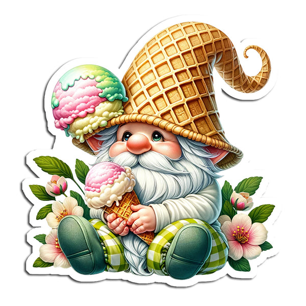 Gnome with waffle hat and ice cream surrounded by flowers on a white background
