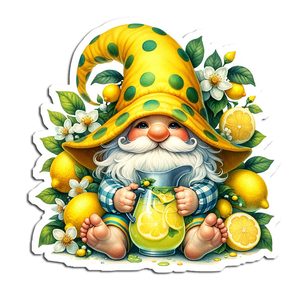 Gnome with a lemonade jar surrounded by lemons and flowers on a white background