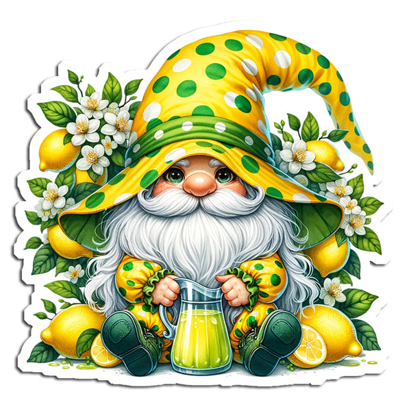 Gnome with a yellow hat and lemons, holding a jar of lemonade.