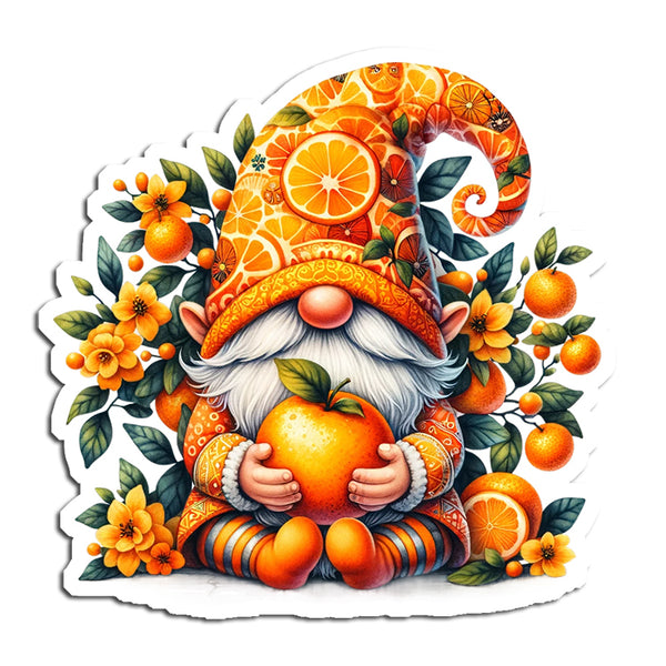 Gnome with an orange hat and pumpkin, surrounded by oranges and flowers on a white background
