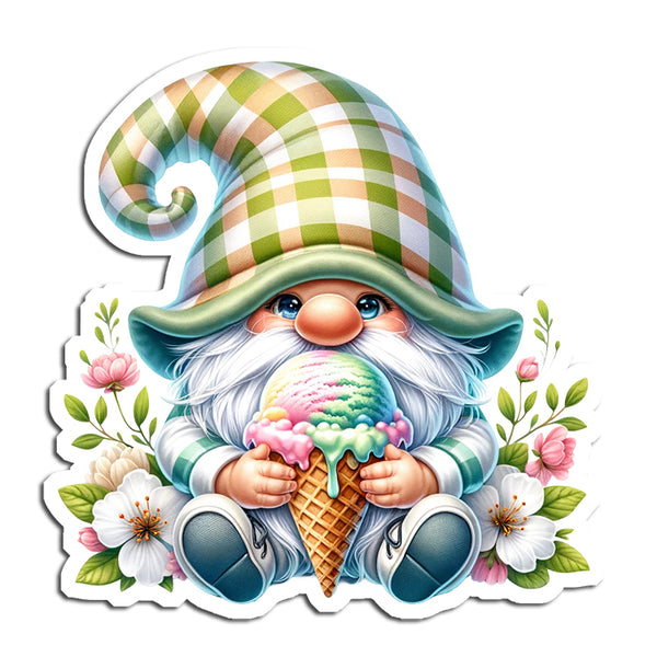 Cartoon gnome with a checkered hat holding an ice cream cone surrounded by flowers on a white background