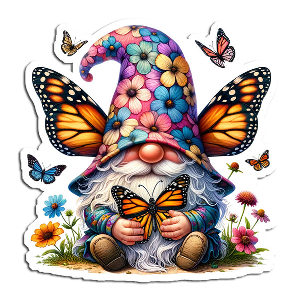 Colorful gnome with a floral hat and butterfly, surrounded by flowers and butterflies on a white background