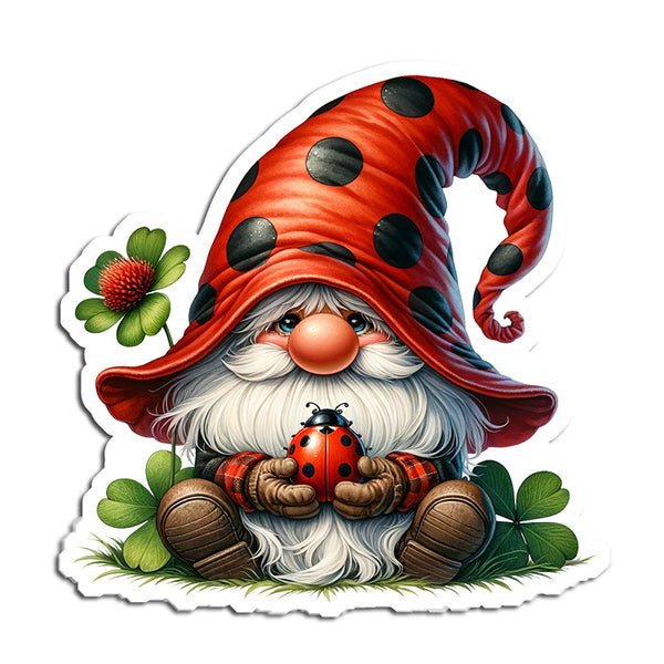 Cartoon gnome with a red hat and white beard holding a ladybug, surrounded by clovers on a white background.