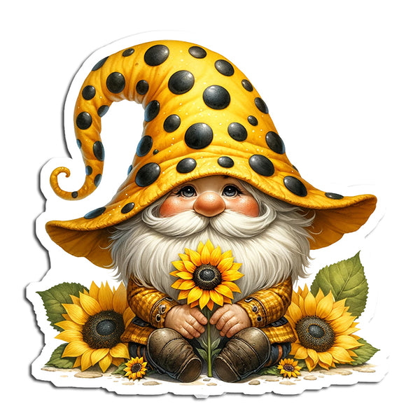 Gnome with a polka dot hat holding sunflowers on a white background