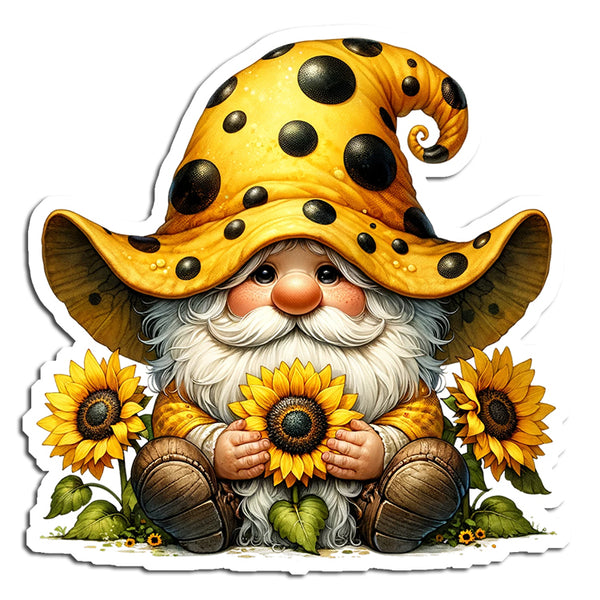 Gnome with a polka dot hat holding sunflowers on a white background