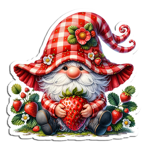 Gnome character with a red checkered hat and striped shirt holding a strawberry, surrounded by strawberries and leaves on a white background.