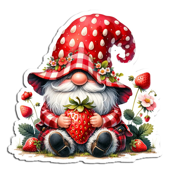 Gnome character with a red hat and plaid outfit holding a strawberry, surrounded by strawberries and flowers on a white background.
