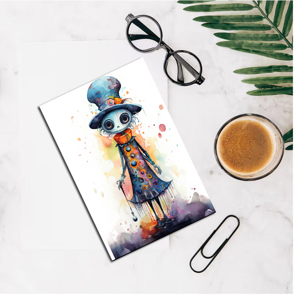 Colorful illustration of a character with a top hat on a marble surface with a cup of coffee and glasses.