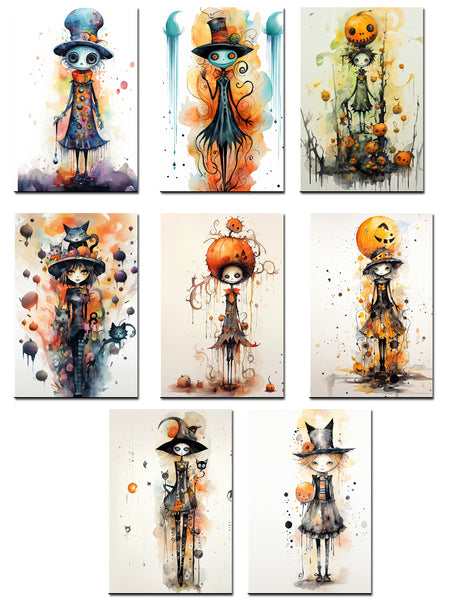 Set of eight Halloween-themed illustrations featuring characters with pumpkins and hats on a white background.