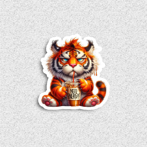 Cartoon tiger holding a 'Need Energy!' drink on a light gray background
