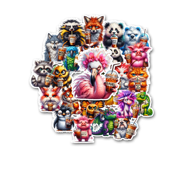 Collage of colorful animal stickers with various designs on a white background