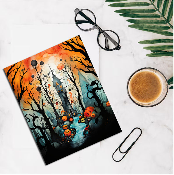 Halloween-themed notebook with pumpkins, ghosts, and bats on a white surface with a cup of coffee and glasses.