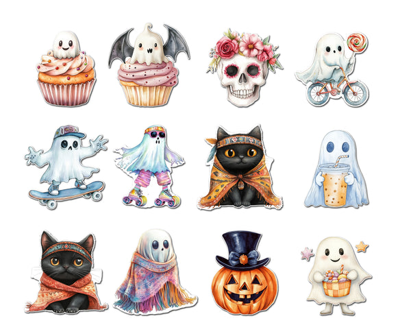 Set of Halloween-themed stickers featuring ghosts, cats, pumpkins, and other spooky characters on a white background.