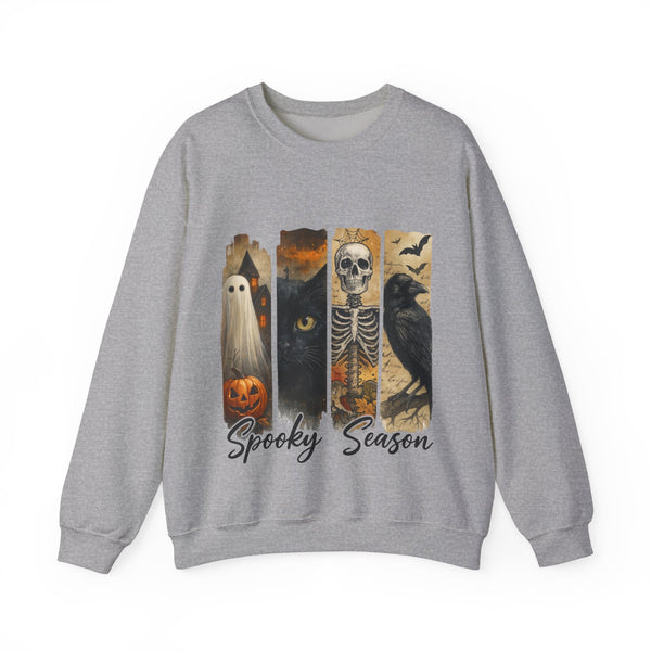 Gray sweatshirt with Halloween-themed design featuring ghost, black cat, skeleton, and owl on a white background.