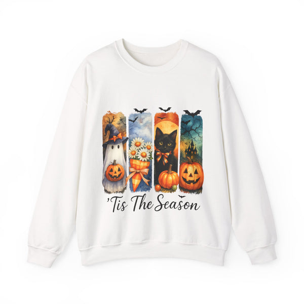 White sweatshirt with Halloween-themed design and 'Tis The Season text on a white background