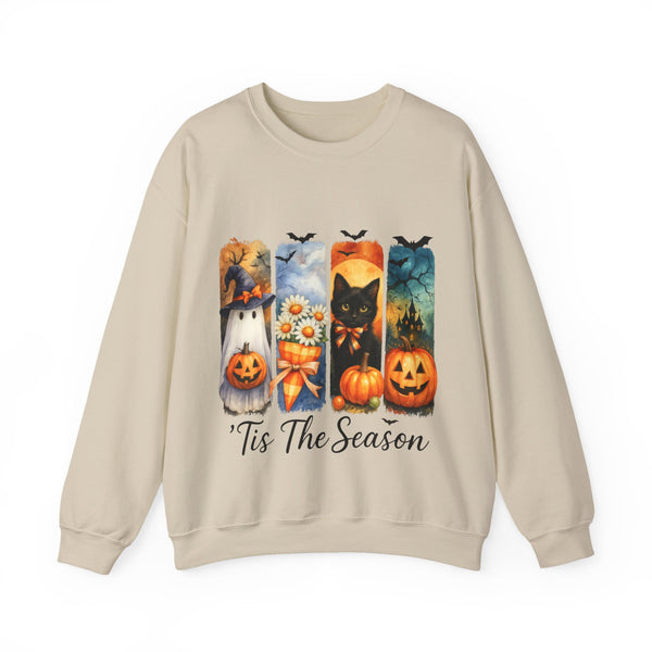 Beige sweatshirt with Halloween-themed design and text on a white background
