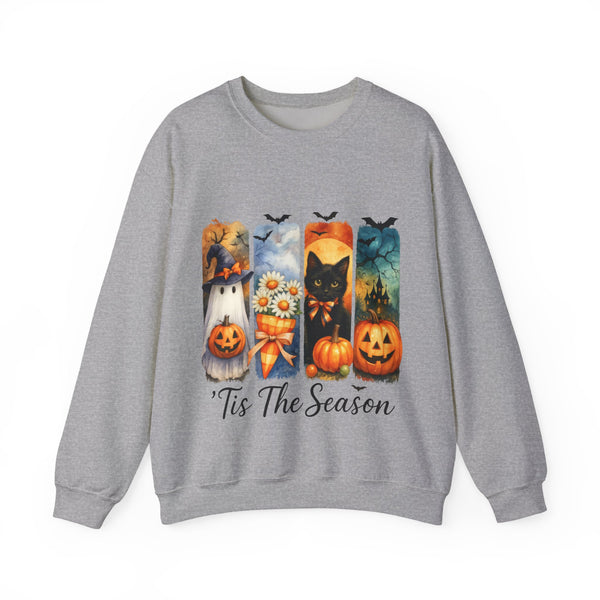 Gray sweatshirt with Halloween-themed design and text on a white background