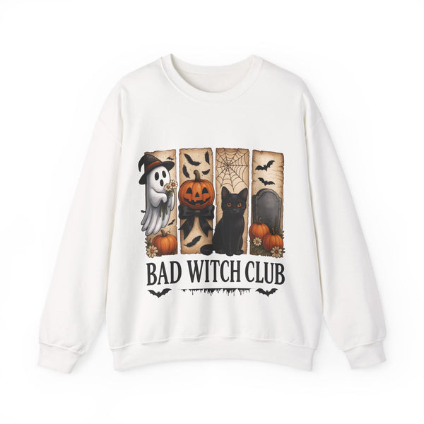 White sweatshirt with Halloween-themed design featuring a black cat, ghost, and pumpkins on a white background.