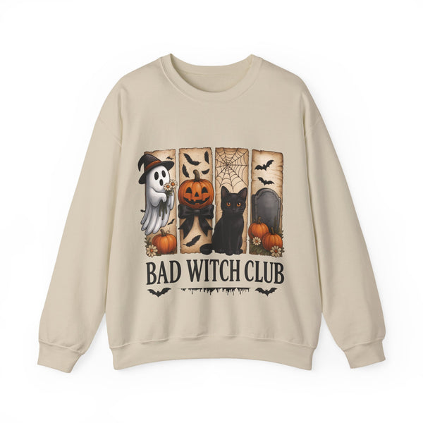Beige sweatshirt with Halloween-themed design featuring a black cat, ghost, and pumpkins on a white background.