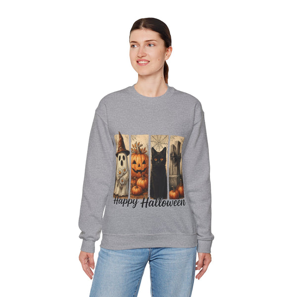 Woman wearing a gray sweatshirt with Halloween-themed design on a white background