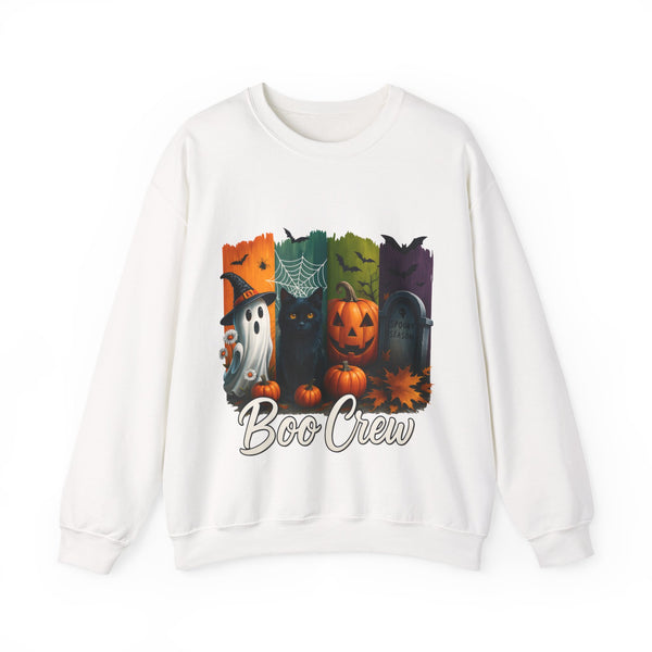 White sweatshirt with Halloween-themed design and 'Boo Crew' text on a white background