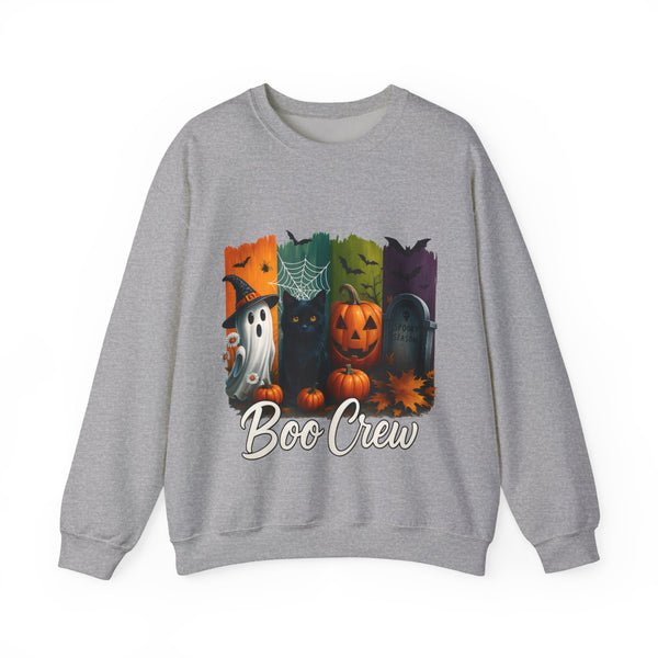 Gray sweatshirt with Halloween-themed design and 'Boo Crew' text on a white background