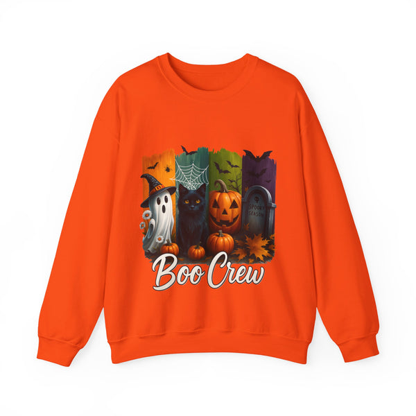Orange sweatshirt with Halloween-themed design and 'Boo Crew' text on a white background