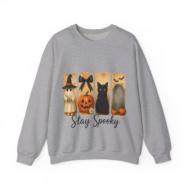 Gray sweatshirt with Halloween-themed design featuring a black cat, pumpkin, andow, and text 'Stay Spooky' on a white background.