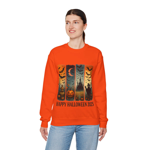 Person wearing an orange Halloween-themed sweatshirt with graphics and text on a white background