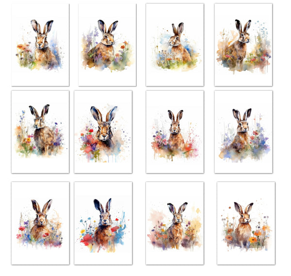 12 Watercolor Hare Rabbit Notecards All Occasion 4x6 with Envelopes Blank Folded