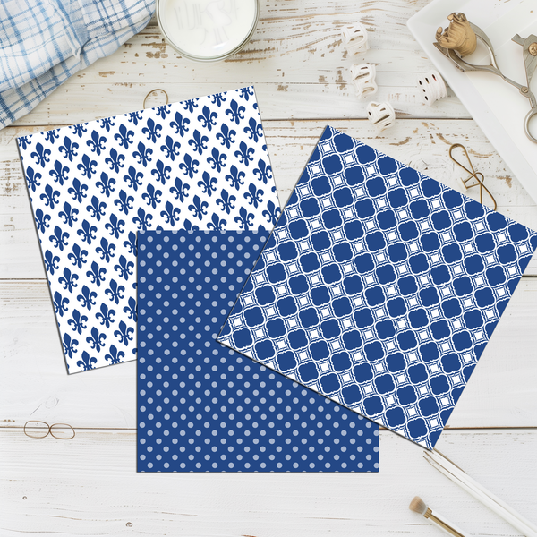 12 Mini Note Cards 3x3 Blue Indigo Patterns Fleur de Lis Polka Geometric Handmade