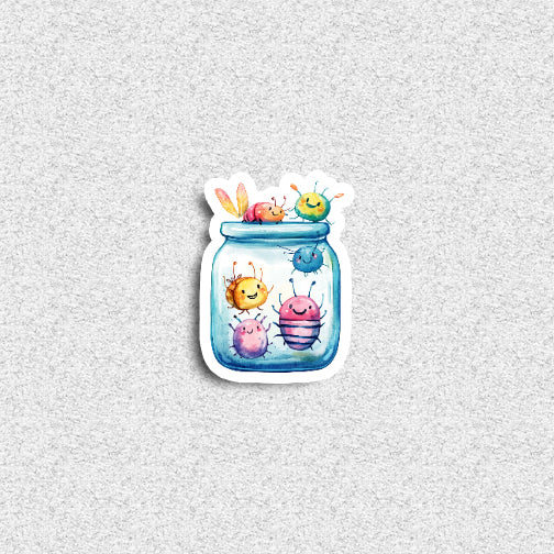 Sticker of colorful caterpillars and a butterfly in a jar on a textured gray background