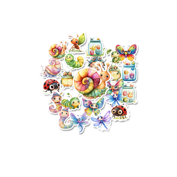 Colorful cartoon-style insect stickers on a white background