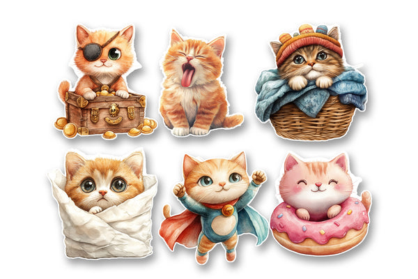 Set of six cartoon cat stickers with various poses and accessories on a white background