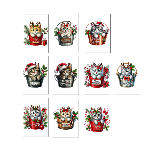 10 Handmade Christmas Cards Notecards 4x6 with Envelopes Blank Folded Meowy Cat