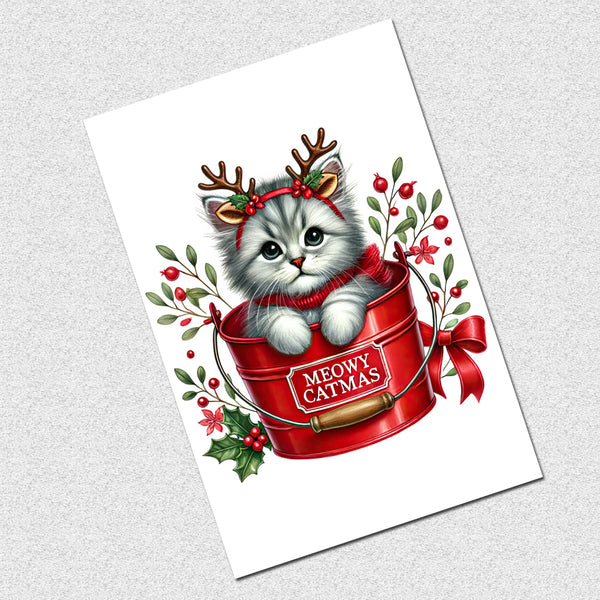 10 Handmade Christmas Cards Notecards 4x6 with Envelopes Blank Folded Meowy Cat