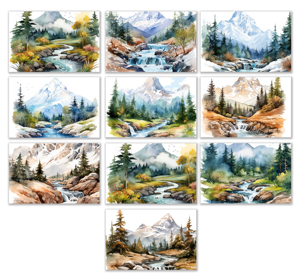 10 Handmade Mountain Streams – Blank Inside – Folded 4x6 Every Occasion Cards with White Envelopes