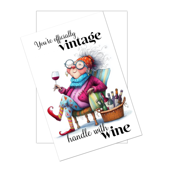 Officially Vintage Handle With Wine Funny Birthday Card for Women – 4x6