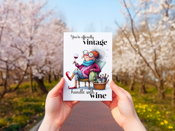 Officially Vintage Handle With Wine Funny Birthday Card for Women – 4x6