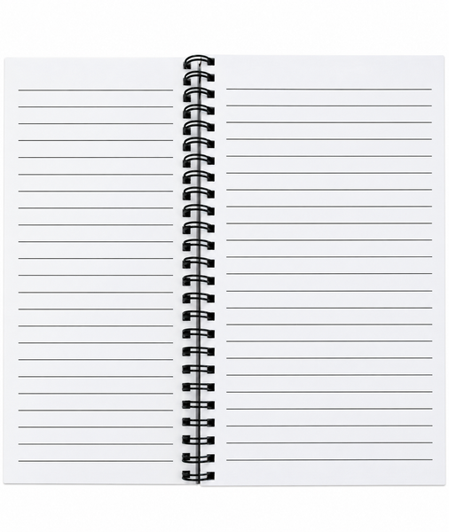 A white ruled notebook with horizontal lines and a black spiral coil binding, shown flat against a white background.