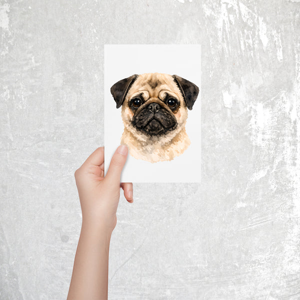 Pug Watercolor Print Dog Notecard | 4x6 Blank Inside | Cute Pet Lover Stationery