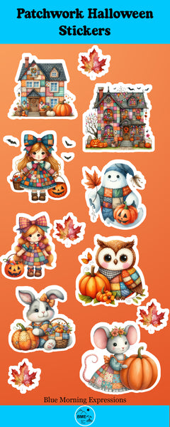 Patchwork Halloween stickers with houses, animals, and pumpkins on an orange background.
