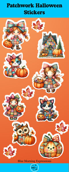 Patchwork Halloween stickers with children, animals, and autumn elements on an orange background.
