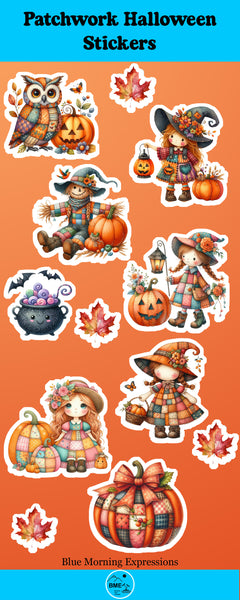 Patchwork Halloween stickers with pumpkins, witches, and other fall-themed designs on an orange background.